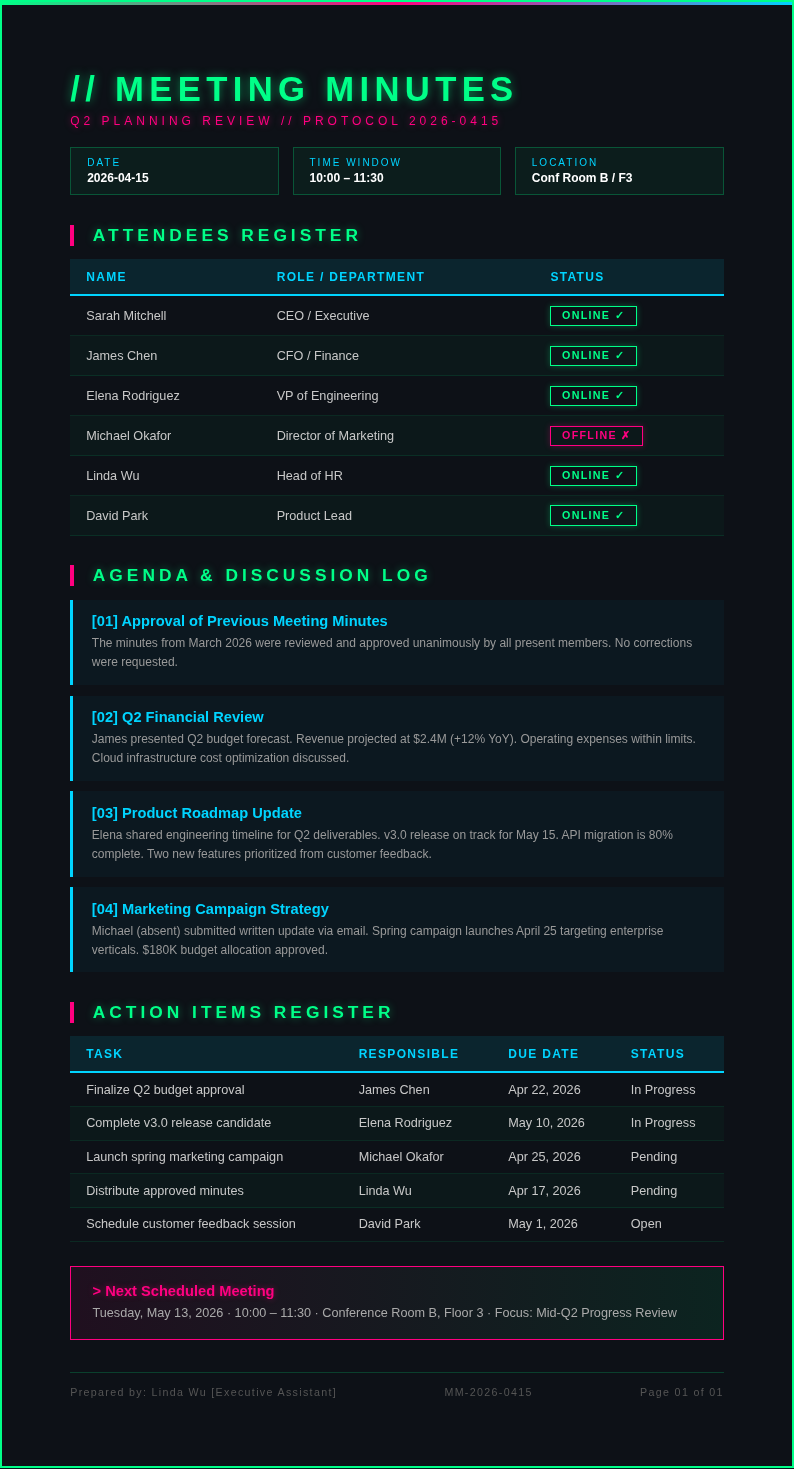 Cyberpunk neon meeting minutes